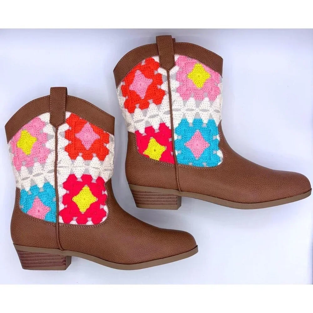 Sonoma Girls Western Cowboy Boots Brown Crochet Mid-Calf Ankle Boots Size 4